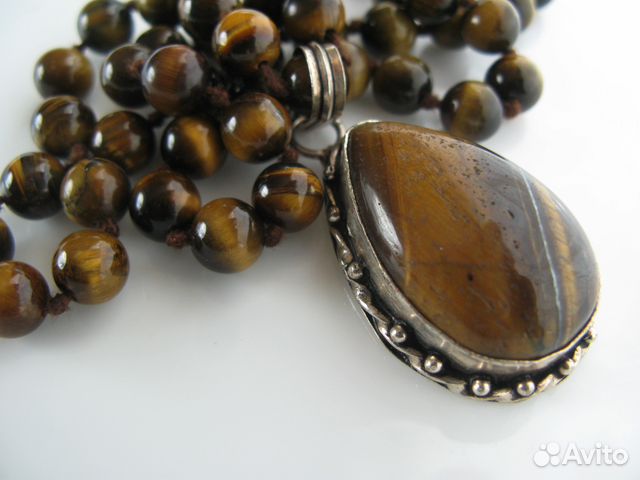 Большой Кулон Серебро и Старинные Бусы Глаз Тигра