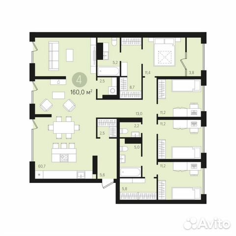 4-к квартира, 159.9 м², 8/8 эт.