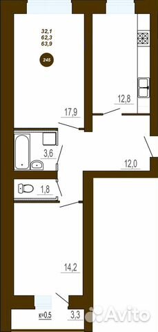 2-к квартира, 63.9 м², 2/9 эт.