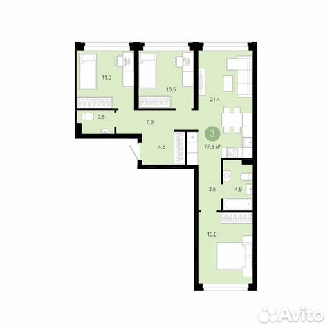 3-к квартира, 77.8 м², 2/7 эт. 3-к квартира, 77.8 м², 2/7 эт.