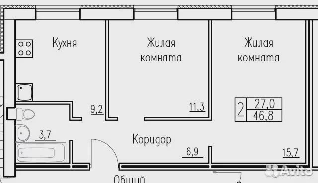 2-к квартира, 46.8 м², 2/3 эт.
