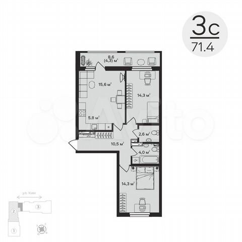 3-к. квартира, 71,4 м², 6/12 эт.