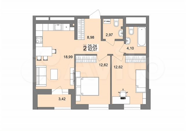 2-к. квартира, 60,5 м², 24/26 эт.