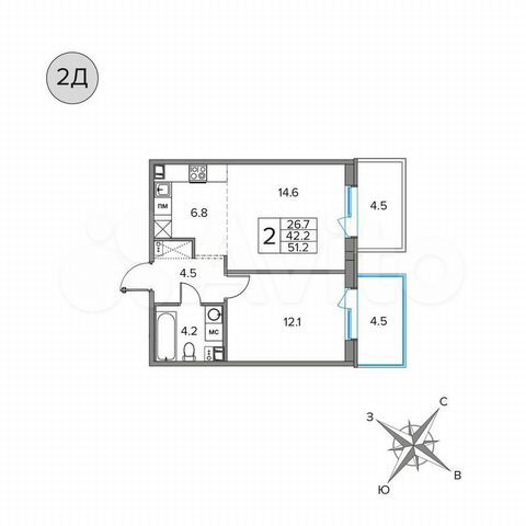 2-к. квартира, 51,2 м², 4/5 эт.