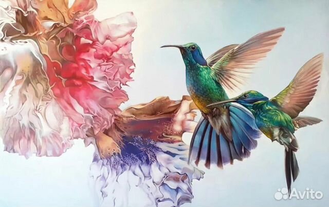 Картина маслом на холсте Колибри Яркие цветы