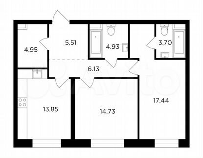 2-к квартира, 71.3 м², 2/16 эт.