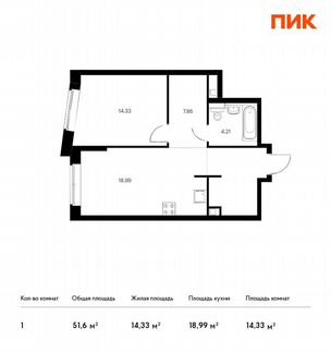 1-к квартира, 51.6 м², 11/14 эт.