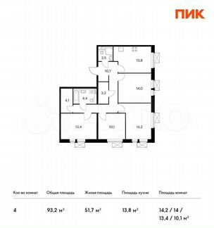 4-к квартира, 93.2 м², 2/17 эт.