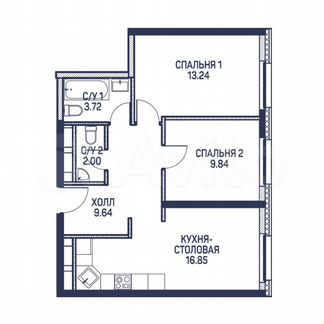2-к квартира, 55.3 м², 16/22 эт.